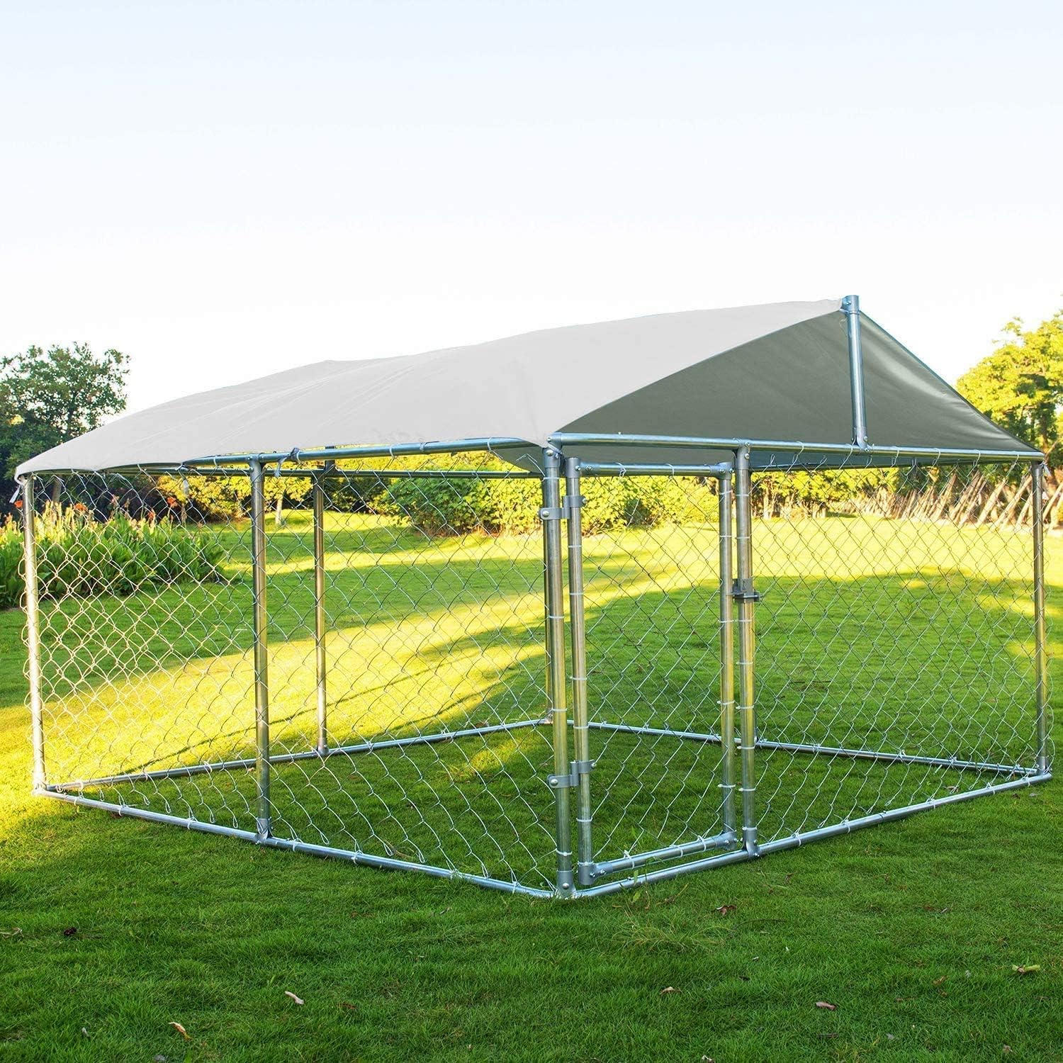 Heavy Duty Dog Cage Outdoor Dog Kennels Outside Pet Playpen for Dogs Outdoor Dog House with Water-Resistant Cover for Back or Front Yard (Silver, 90"x90"x63")