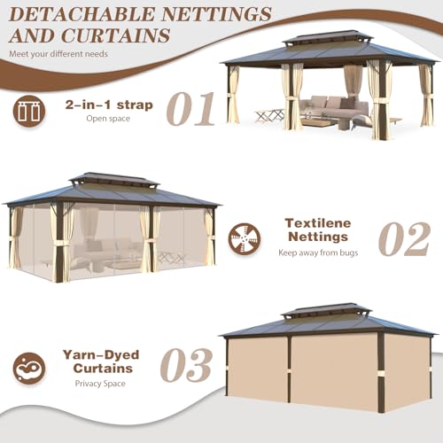 EROMMY 10' x 12' Hardtop Gazebo, Aluminum Frame Gazebos with Galvanized Steel Double Roof, Permanent Outdoor Metal Pavilion with Curtain and Netting for Patio, Lawn, Deck