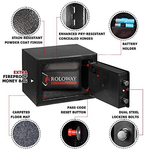 ROLOWAY Steel Safe Box (2.2 Cubic Feet), Money Safe for Home Safe, Lock Box with Fireproof Bag for Cash Safe, Security Safety Box for Document Safe, Fireproof Safe with Key Digital Keypad Lock Black