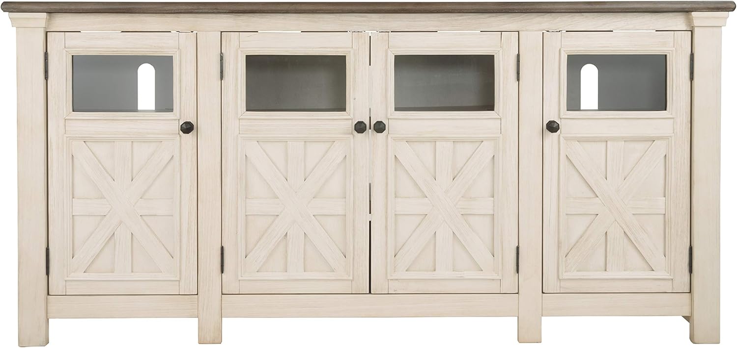 Signature Design by Ashley Bolanburg Two Tone Farmhouse TV Stand, Fits TVs up to 72, 3 Cabinets and Adjustable Storage Shelves, Whitewash