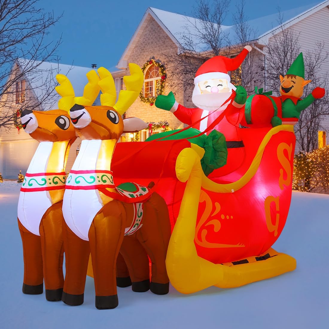 GOOSH 7 FT Christmas Inflatables Santa Claus in Sleigh and 6 FT Christmas Santa Inflatables Outdoor Decorations Smiling Santa Claus with Present Boxes