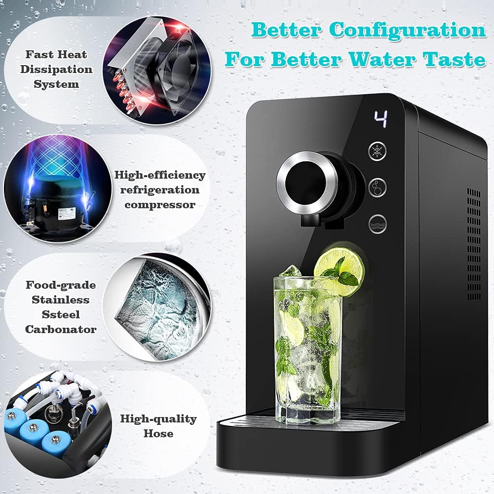 Commercial Sparkling Water Maker- Soda Maker Fizzy Drink Machine Carbonator for Home, Countertop Ice Water Cooler Dispenser and Room Temperature Water Without CO2 Cylinder Black