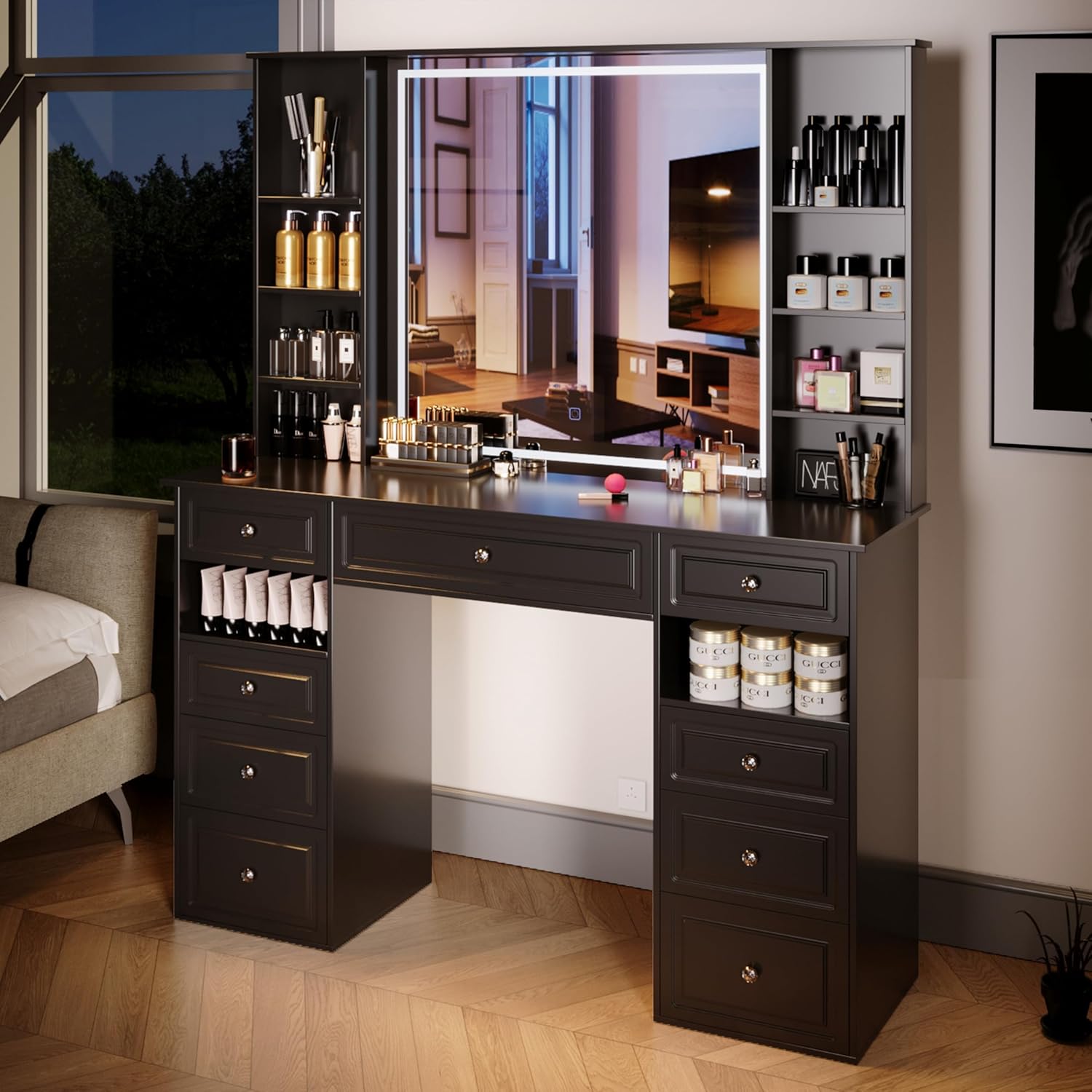 Extra Large Vanity Desk with Lighted Mirror,Huge Desktop Makeup Vanity Table with 9 Drawers,European Style Vanity, Crystal Ball Knobs, Carving Patterns Vanity Makeup Desk for Bedroom(Black)