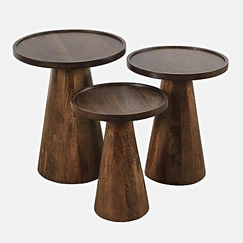 Jofran Knox Mid-Century Modern Solid Hardwood Pedestal Round Accent End Nesting Tables - Set of 3, Chestnut