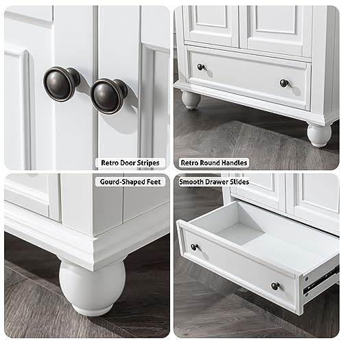 eclife 30" Bathroom Vanity Sink Combo Vintage Style with Painted Solid Wood Construction, Undermount Ceramic Sink W/Matte Black Faucet & Drain, Pure White