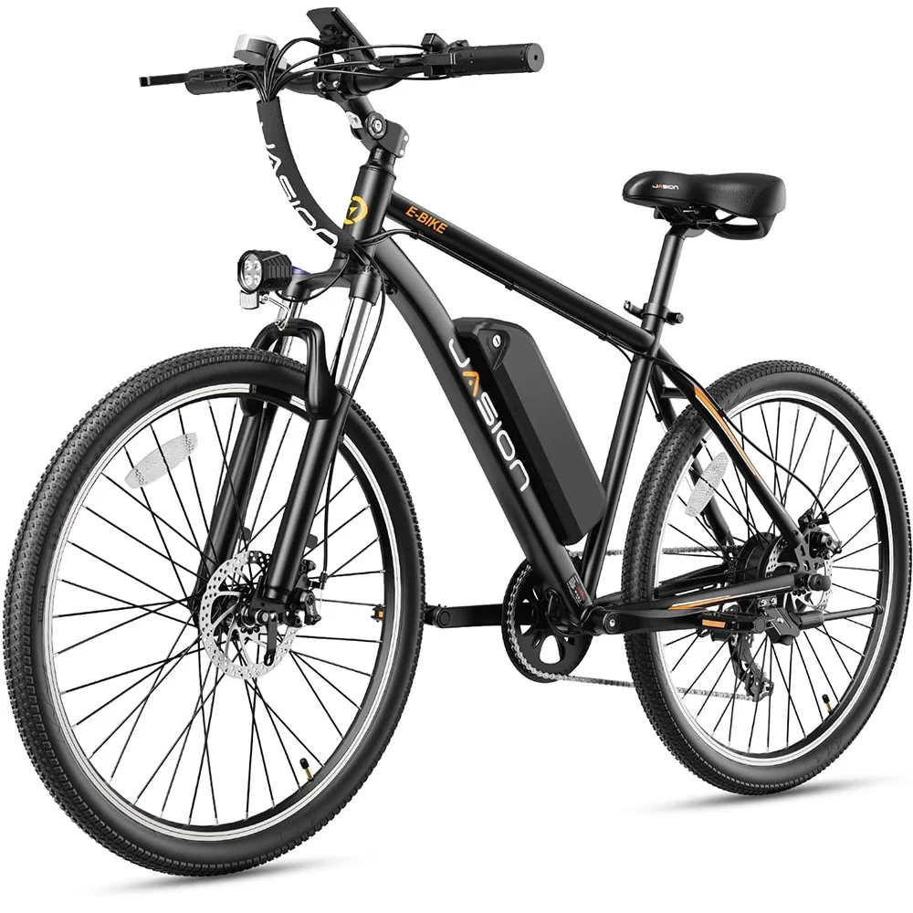Jasion Electric Mountain Bike for Adults, 26" Tires, 350W Brushless Motor, 40 Miles Commuting Range, Front Fork Suspension, Shimano 7 Speed, EB5 Black