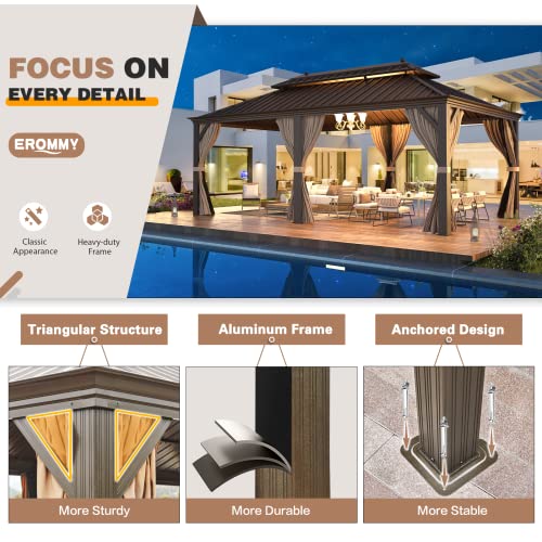 EROMMY 14'x20' Hardtop Gazebo Double Roof Galvanized Steel Canopy Outdoor Aluminum Frame Permanent Metal Pavilion with Netting and Curtains for Patio Backyard Deck and Lawns