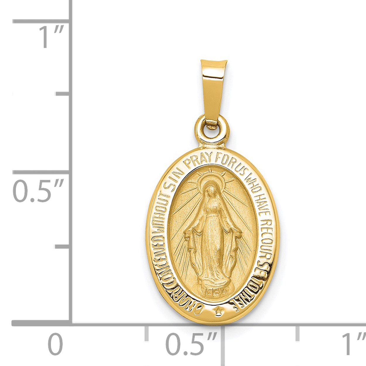 Carat in Karats 14K Yellow Gold Polished And Satin Miraculous Medal Hollow Pendant Charm (23mm x 12mm) With 14K Yellow Gold Lightweight Rope Chain Necklace 16''