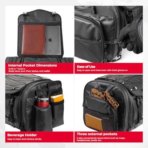 KEMIMOTO Motorcycle Travel Luggage Bags, 60L Expandable Large Capacity Motorcycle Tail Bag, Waterproof Rear Rack Trunk, Motor Pannier Bag with Rain Cover and Straps