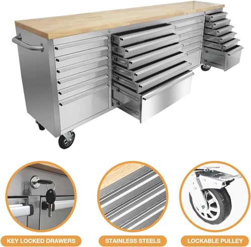 CHETTO C 72 inch Tool Chest Tool Box Mobile 15 Drawers Storage Rolling Cabinet with Wheels Lock Key Locking System Drawer Liners for Garage Warehouse Repair Shop Stainless Steel