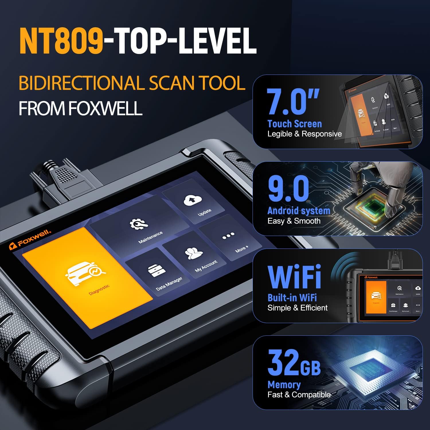 FOXWELL NT809 Bidirectional Scan Tool (2022 New Version), All System OBD2 Scanner with 30 Service Reset-ABS Bleeding/Oil Reset/EPB/SAS/TPMS/Throttle Body Relearn, Car Diagnostic Scanner for Cars