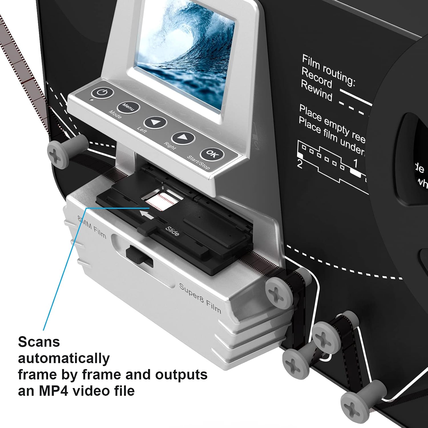 8mm & Super 8 Reels to Digital MovieMaker Film Scanner Converter, Pro Film Digitizer Machine with 2.4 LCD, Convert 5 inch and 8 inch 8mm Super 8 Film reels into 1080P Digital Videos