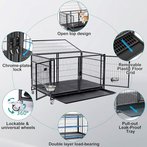 Homey Pet 43 inch Dog Crate 2 Floor Stackable Heavy Duty Dog Kennel Dog Grooming Cage with Detachable Divider, Additional Tray