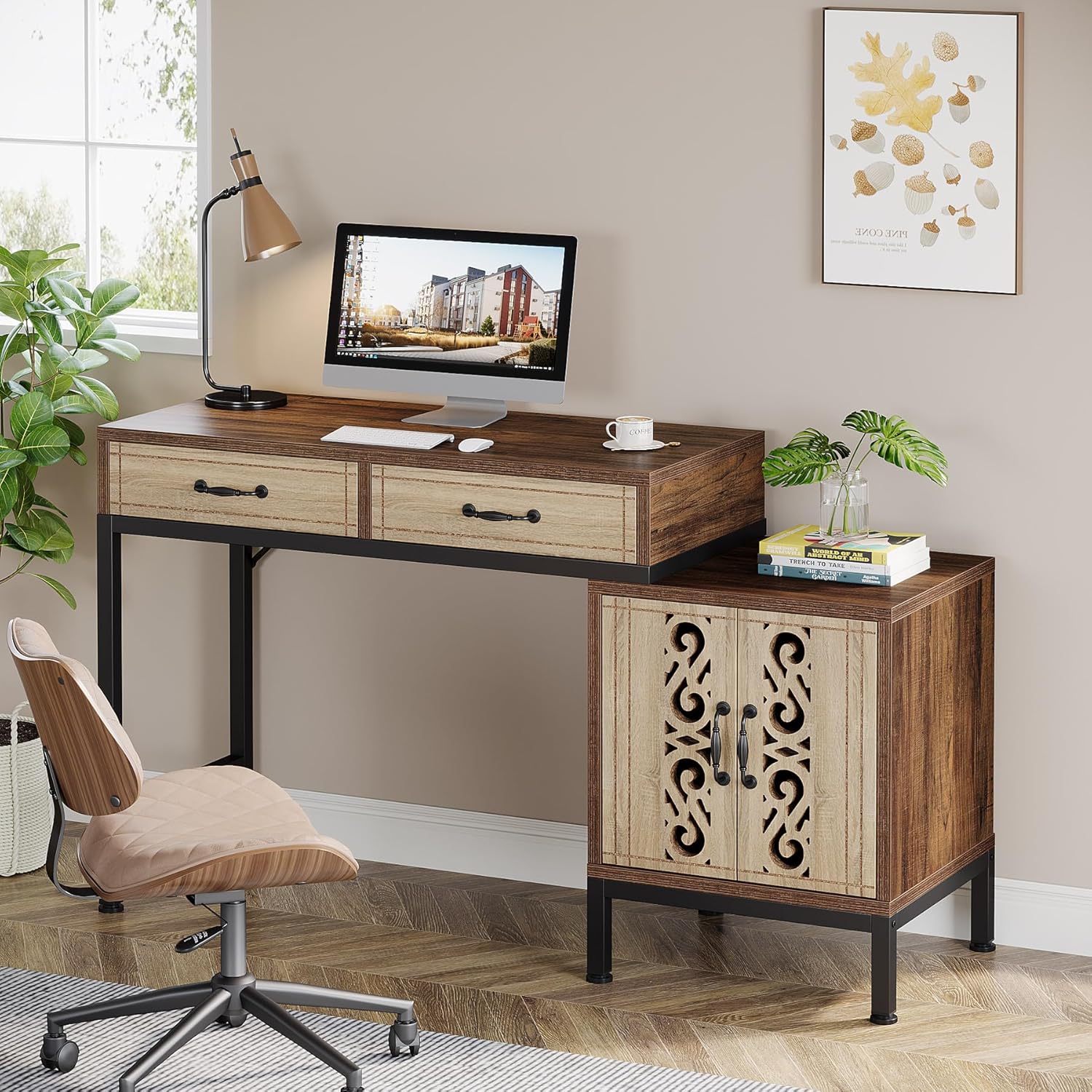 Tribesigns 55-Inch Computer Desk with Drawers, Home Office Desk with Storage Cabinet and Printer Space, Reversible Computer Desk Workstation for Home Office, Bedroom, Brown