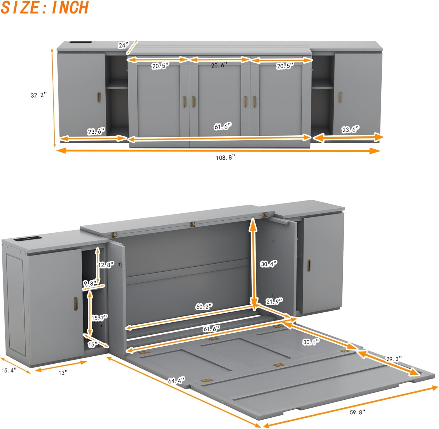 Murphy Bed Queen Size with Shelves and Cabinets,Murphy Wall Bed Queen with USB Ports,Queen Murphy Bed Cabinet for Kids,Boys,Girls,Adults,Bedrooms, Children's Rooms, Space Saving,Gray