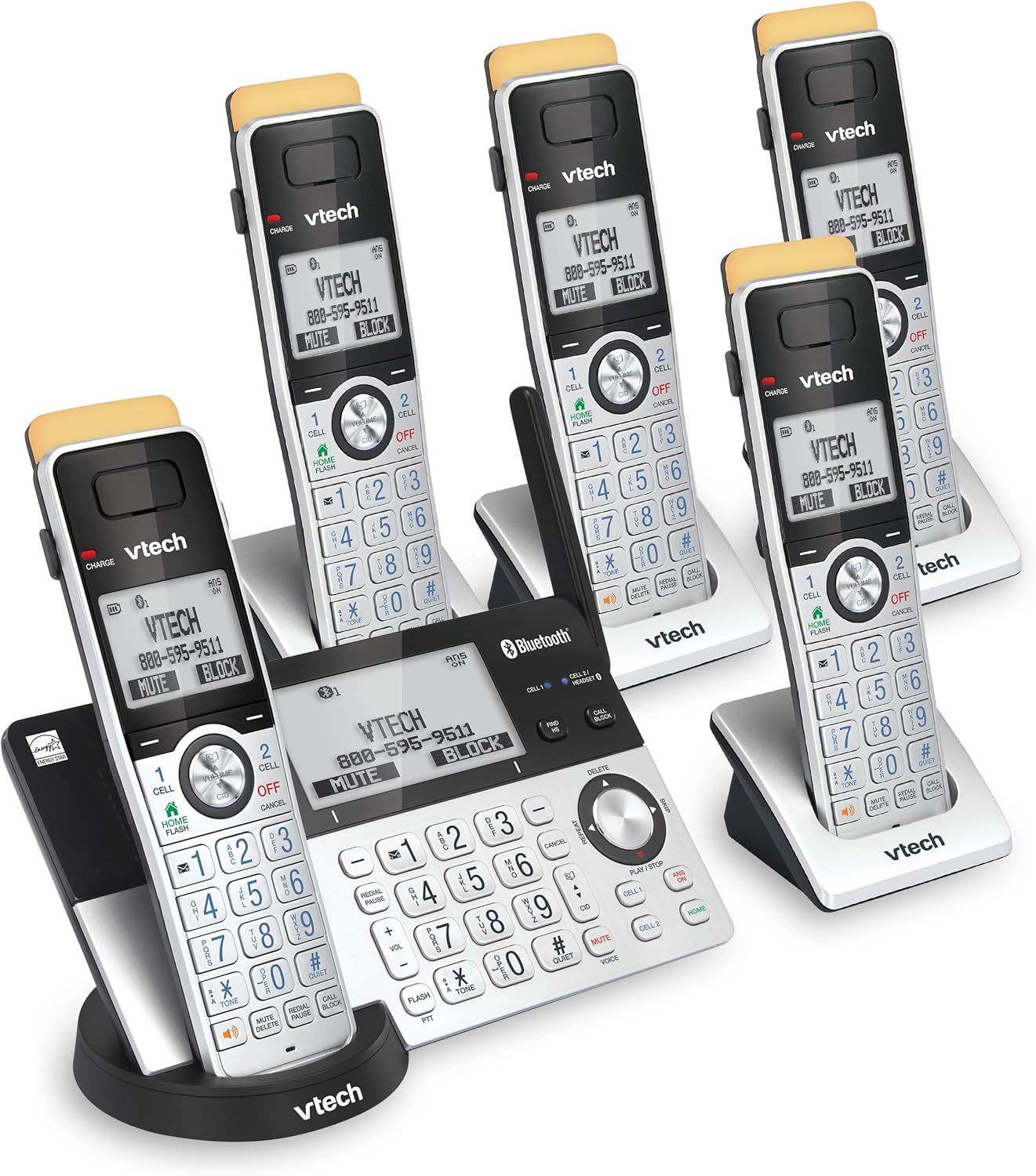 VTech IS8151-5 Super Long Range 5 Handset DECT 6.0 Cordless Phone for Home with Answering Machine, 2300 ft Range, Call Blocking, Bluetooth, Headset Jack, Power Backup, Intercom, Expandable to 12 HS