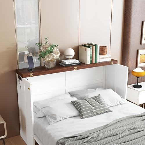 KEIKI Queen Size Murphy Bed with Charging Station, USB Ports & Storage Drawers, Pine Folding Cabinet Bed for Guest Room, Bedroom, Office, Living Room – White & Walnut (No Mattress Included)