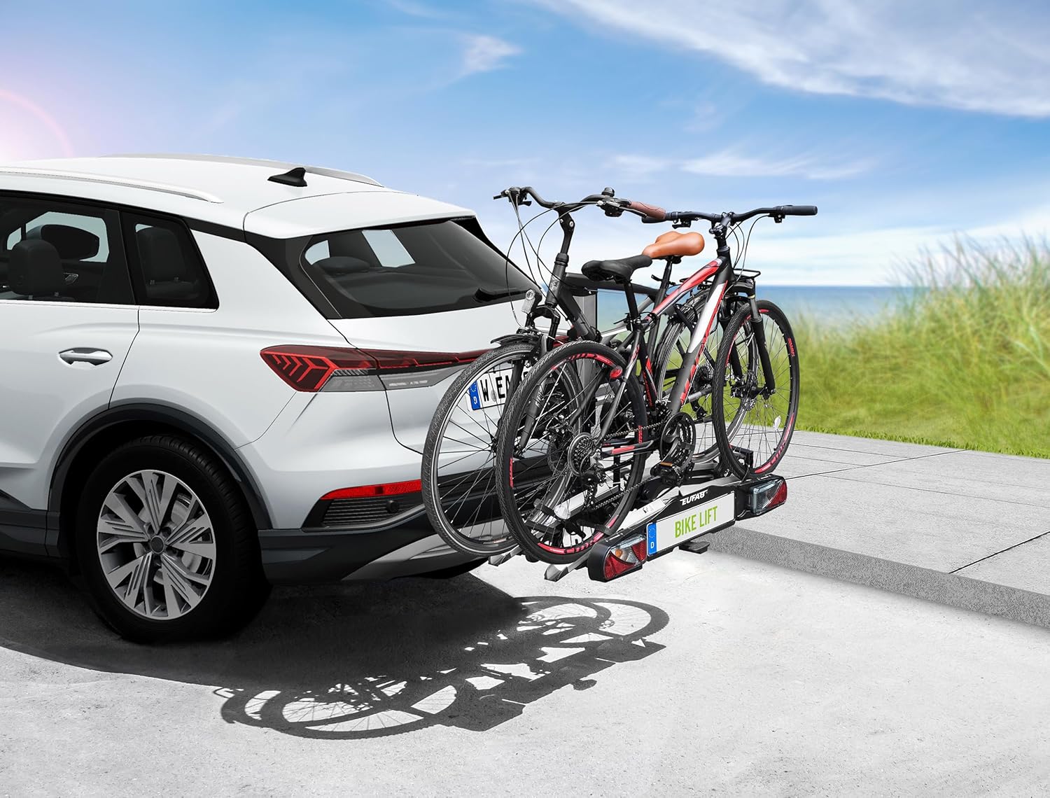 EUFAB 11554 Bicycle Carrier Bike Lift, Suitable for E-Bike, Fully Pre-Assembled, Electric Lower, Theft Protection, for 2 Bikes, for Towing Hitch, 2025 with Strap Frame Holders