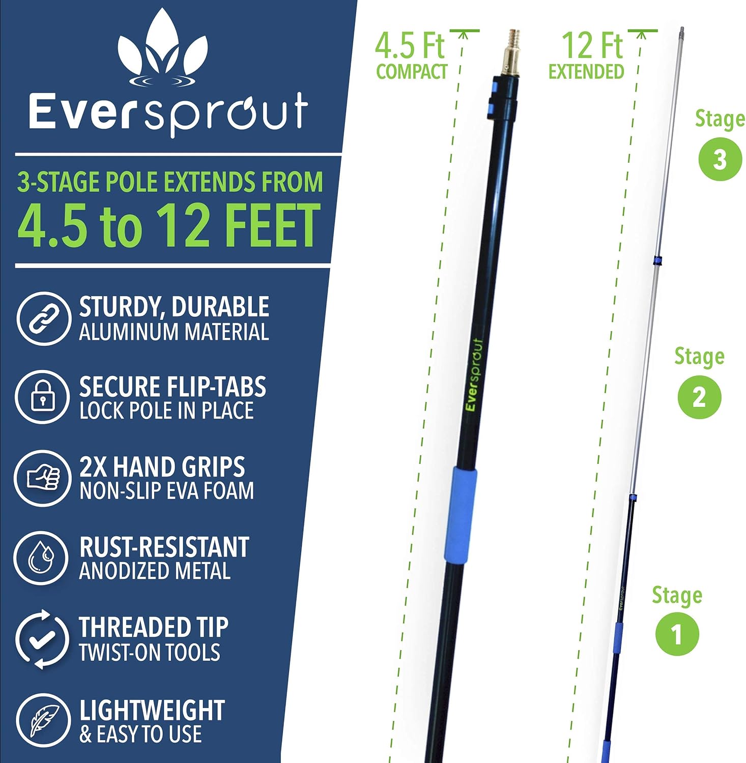 EVERSPROUT 7-to-20 Foot Extension Pole Total Kit (25+ Ft Reach) | Telescopic Pole, Scrub Brush, Light Bulb Changer, Hook, Swivel Squeegee, 3x Microfiber Dusters (Cobweb, Flexible Ceiling Fan, Feather)