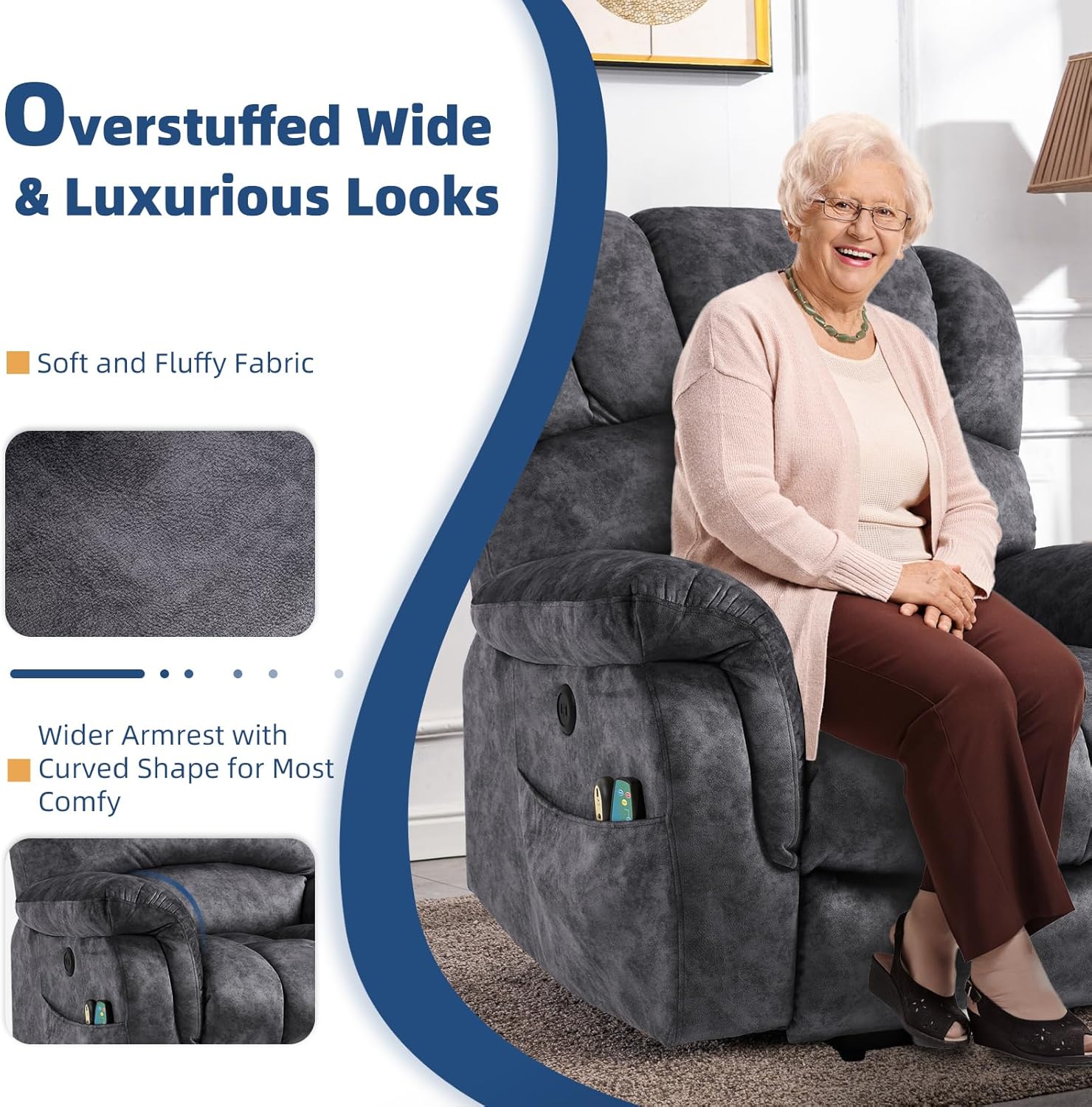 Large Electric Power Lift Recliner Chair with Extended Footrest for Elderly Big Man, Overstuffed Heated Massage Wide Reclining Sofa with 2 Remote Controls, Side Pockets & USB Ports, Gray