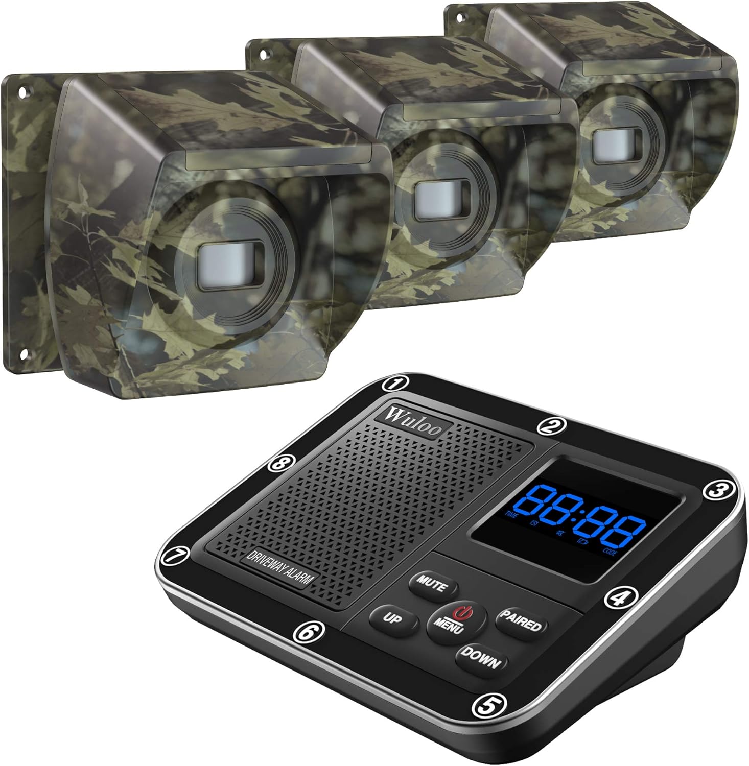 1800 Ft Wireless Outside Driveway Alarm Outdoor Motion Sensor & Detector Driveway Alert System, Rechargeable Battery/Weatherproof/Mute Mode/Clock and Alarm Functional (1&1-Camouflage)