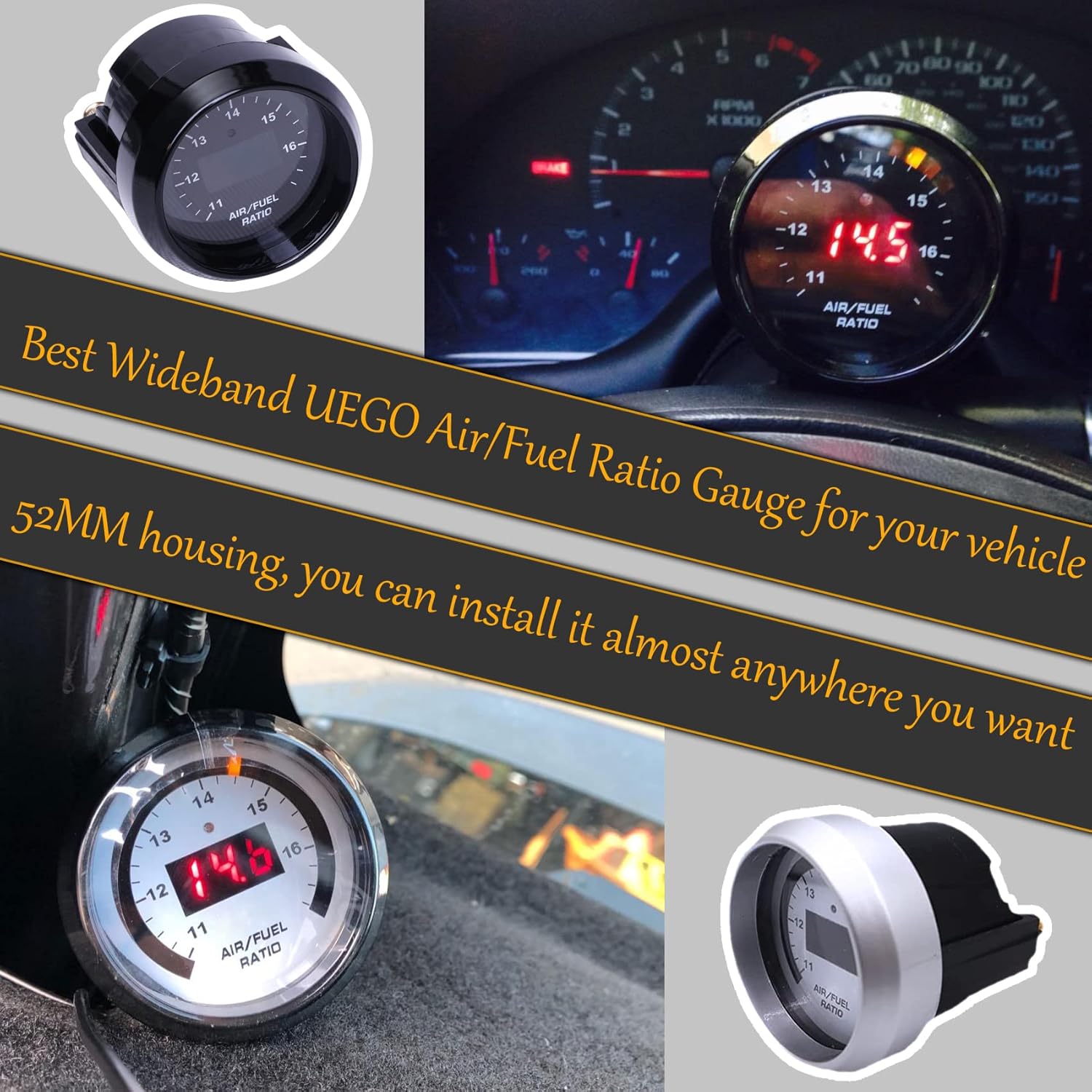Wideband UEGO Air/Fuel Ratio Gauge 52mm (2-1/16”) with 4.9 LSU Sensor, Digital AFR Controller Gauge, Wideband O2 Control Sensor kit | 0-5V Analog Output (10-20 AFR Range)