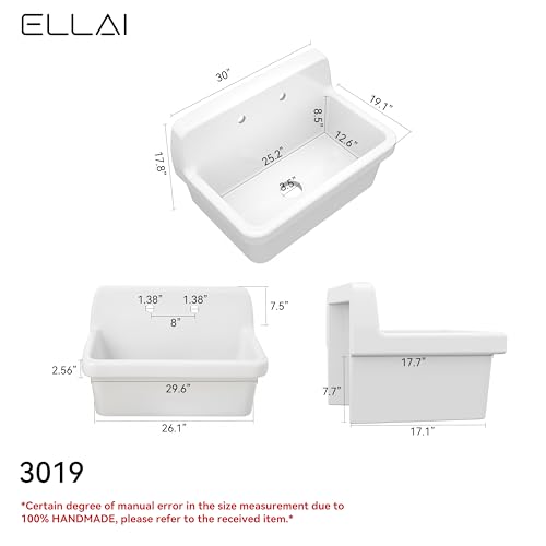 ELLAI White Ceramic Farmhouse Kitchen Sink 24"x19"x16.5" Farm Style Wall Mount Utility Sink High Back Floating Bathroom Sink Wall Mounted Laundry Sink with 8 Inch Center Faucet Chrome with Soap Tray