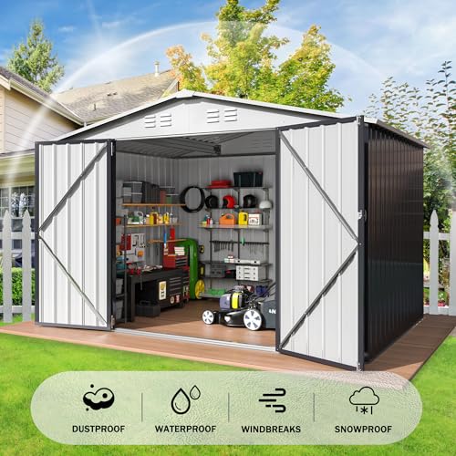 Polar Aurora 10x14 Outdoor Storage Shed, Garden Shed with Updated Frame Structure and Lockable Doors, Metal Tool Sheds for Backyard Garden Patio Lawn, White