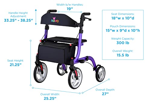 NOVA Medical Products Express Rollator Walker, Large 10” & 8” Wheels, Compact Foldable & Free Standing, Easy to Fold, Lift & Carry, Comes with Cane Holder, Red