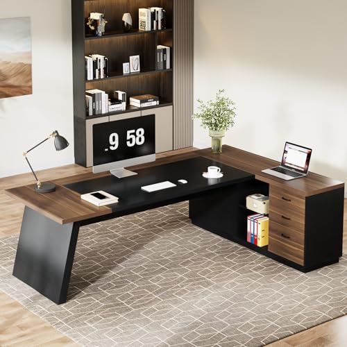 Tribesigns L-Shaped Executive Desk, 78" Modern Office Desk with Drawers and Lateral File Cabinet, Large Computer Desk with Storage Shelves, Workstation for Home Office (Walnut + Black)