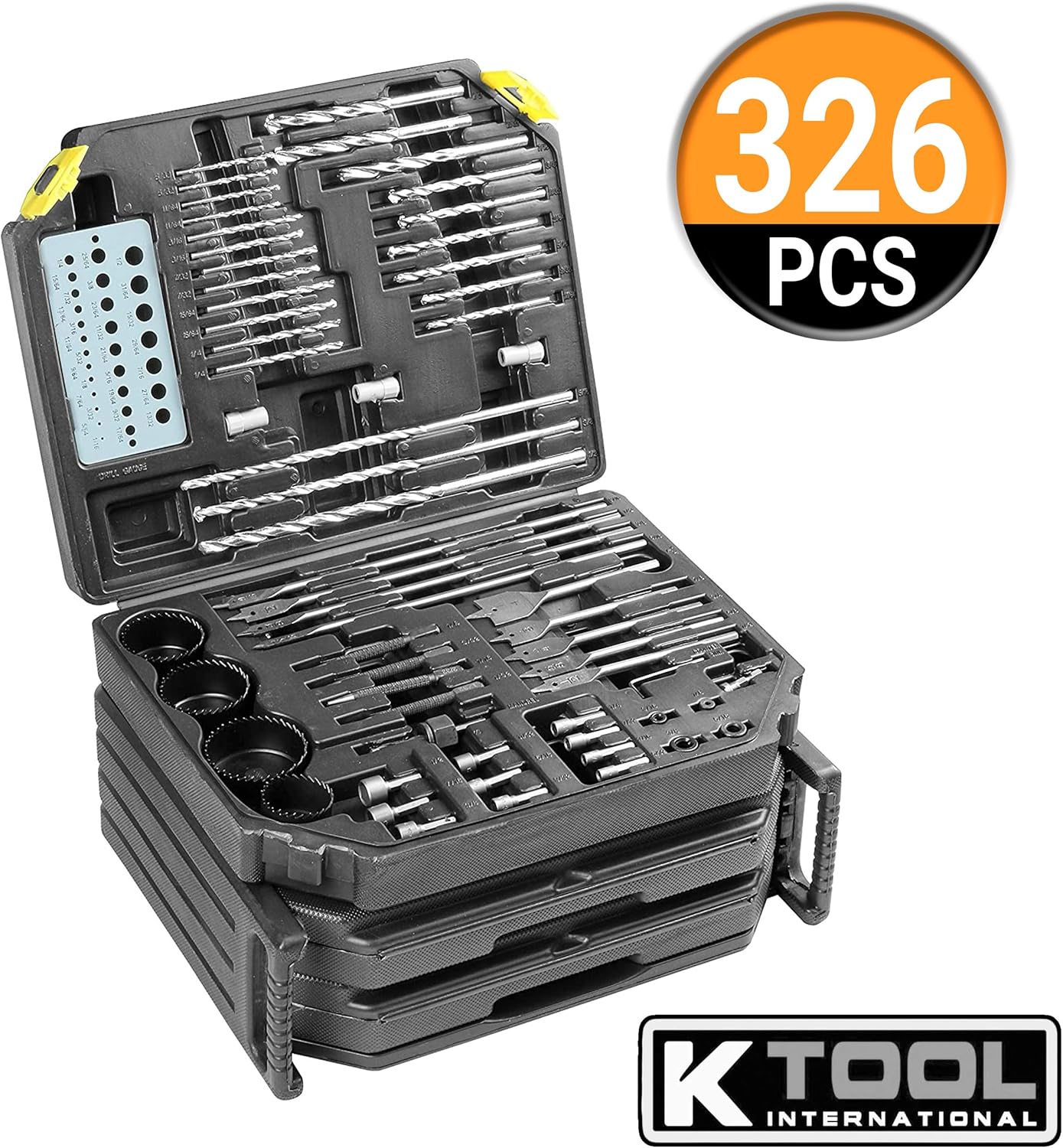 K Tool International Drill Bit Set Portable Tool Storage 326 Piece Set Drill Accessories with Case, Folding Trays, Portable Carrying Case, Easy Organization; KTI10330
