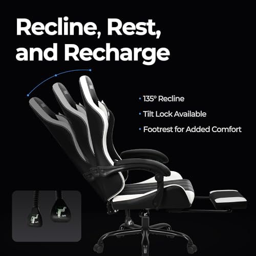 N-GEN Video Gaming Chair with Footrest High Back Ergonomic Comfortable Office Computer Desk with Lumbar Support Height Adjustable with PU Leather Recliner for Adults Women Men (Black)