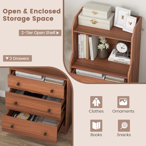 LOKO 3 Drawers Dresser with Shelves, Tall Nightstand with 2 Open Shelves, Modern Chest of Drawers with Anti-Toppling Device, Utility Storage Dresser for Living room, Bedroom, Closet, Entryway (Walnut)