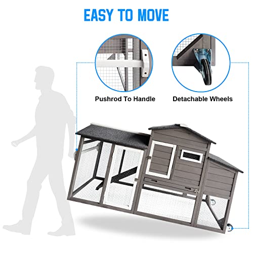 71" Chicken Coop Backyard Hen House Wooden Tractor Poultry House for Indoor Outdoor, with Chicken Nesting Box, Wheels, Waterproof Roof, Pull Out Tray