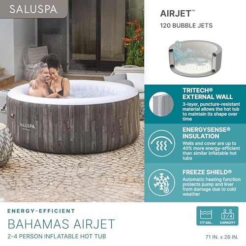 Bestway SaluSpa Cancun AirJet 2 to 4 Person Inflatable Hot Tub, 71 x 26 Inch Round Portable Outdoor Spa with 120 Soothing Jets and Cover, Gray