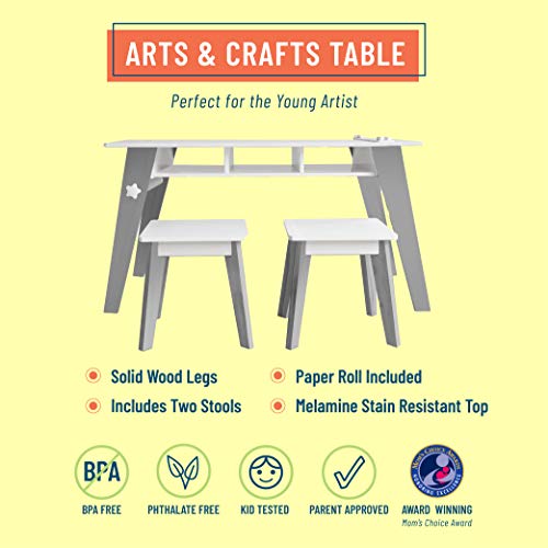 Wildkin Kids Arts and Crafts Table Set for Boys and Girls, Mid Century Modern Design, Includes Two Stools, Paper & Storage Cubbies Underneath Helps Keep Art Supplies Organized (Gray) , Grey