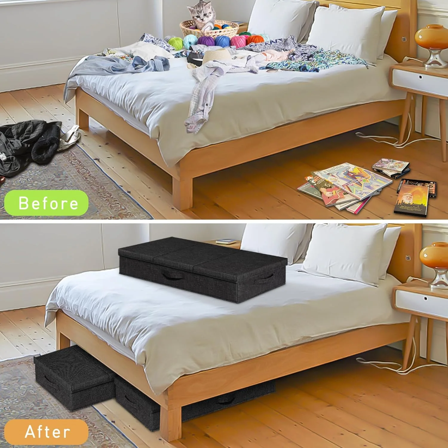 Under The Bed Storage Containers 3 Pack, 6 Inch Tall Stackable Underbed Storage Bins With Handles, Closet Organizers and Storage Bins, Large Under Clothes Drawer Organizers Box For Crib, Black