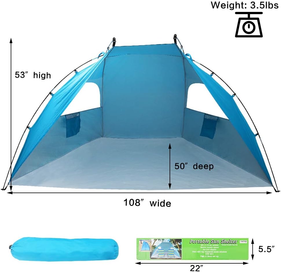 Easy Set Up Portable Sun Shelter Beach Tent Camping Shelter, 9ft Large Tent for Family, UV Protection,Blue