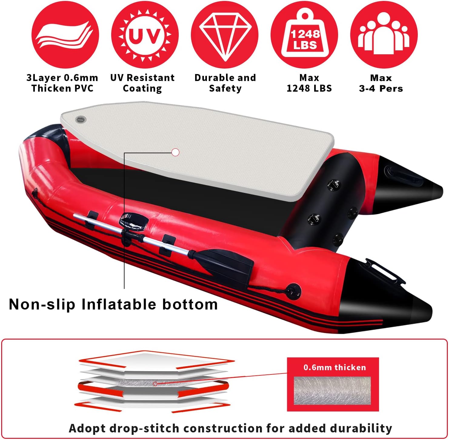 10 ft Dinghy Boats, 4 Persons Inflatable Boat Fishing Kayak Raft Sport Boat for Adults with Paddles Air Pump Carry Bag