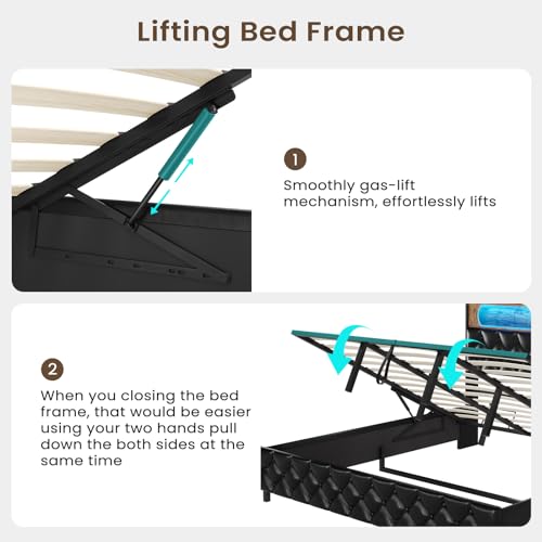 King Size Lift Up Storage Bed Frame, King Platform Bed with Storage & LED LIghts & Charging Station, Upholstered Storage Headboard, No Box Spring Needed, Noise Free, Easy Assembly