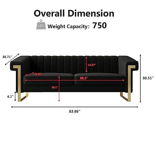 83" Modern Luxury Velvet Couch Comfortable 3 Seater Tufted Sofa Comfortable 3 Person Fashion Couches Solid Wood Frame Metal Legs for Living Room Office Playroom Furniture (P82-Black)