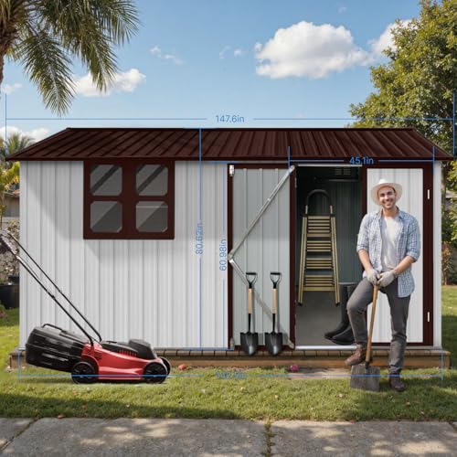 10' x 8' Large Outdoor Storage Shed, Sturdy Metal Building w/Windows & Lockable Doors for Garden, Backyard, Poolside and Lawn, Grey