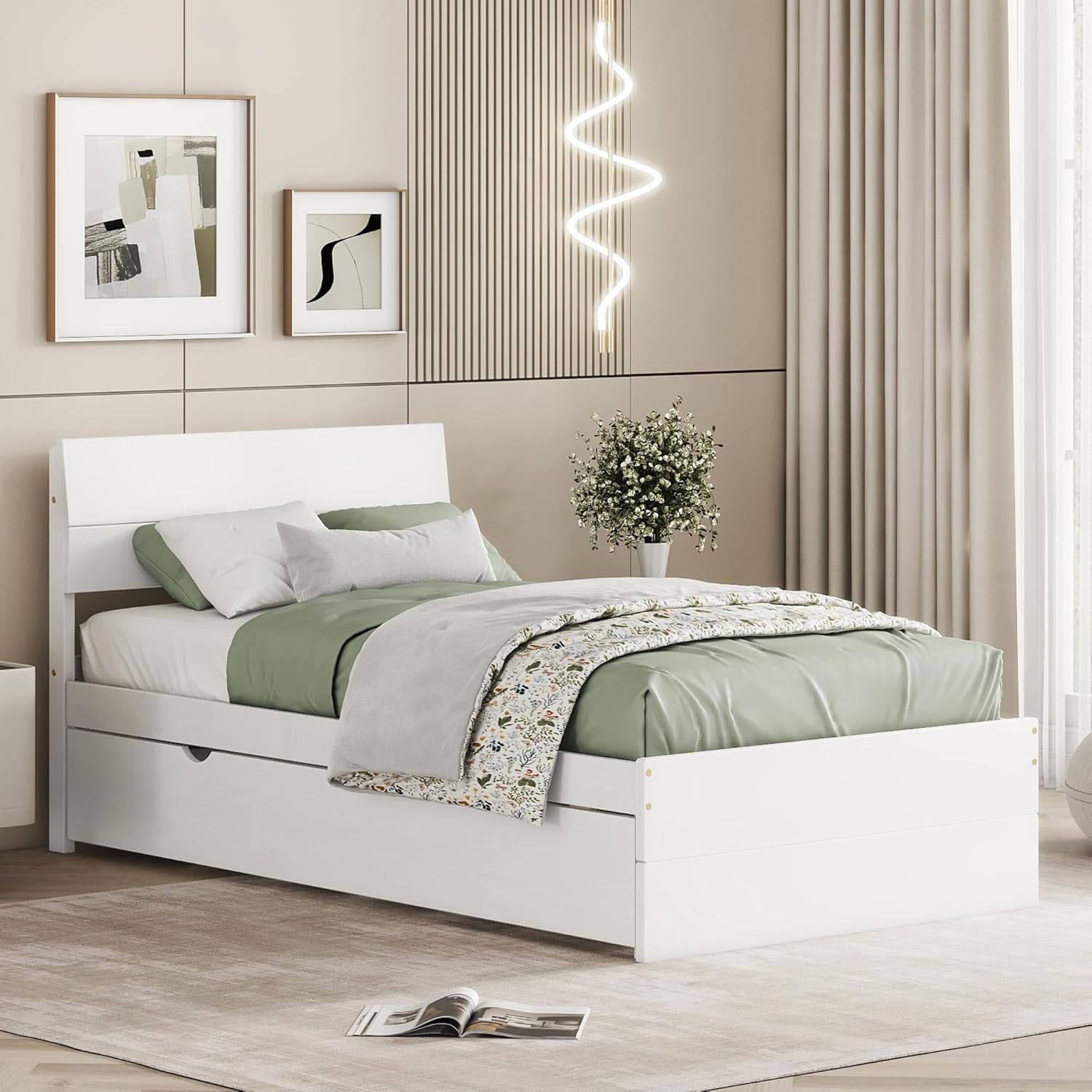 Modern Twin Bed Frame with Twin Trundle for White High Gloss Headboard and Footboard with Washed White Color