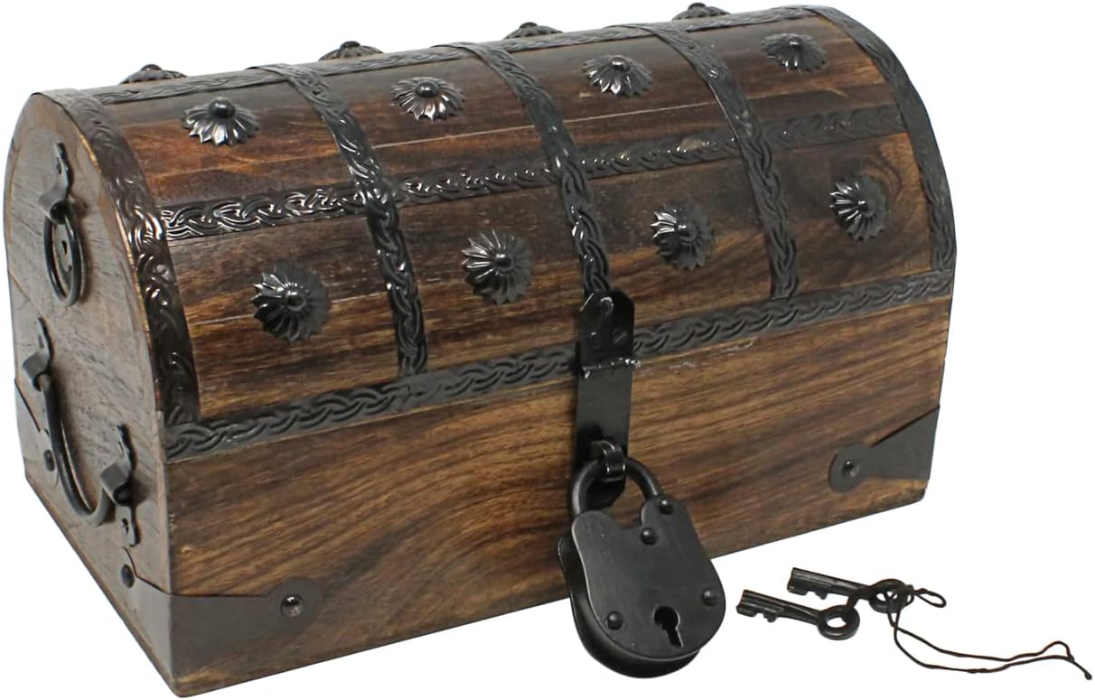 Nautical Cove Pirate Treasure Chest with Iron Lock and Skeleton Key - Storage and Decorative Box (X-Large 16 x 11 x 10.5)