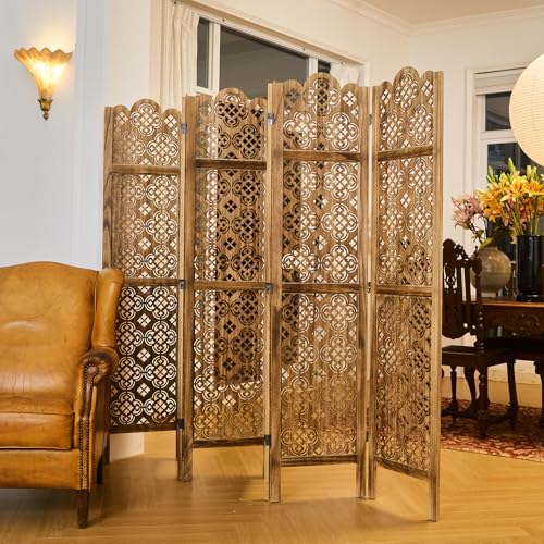 5.75Ft Room Divider Wood Carved Wall Divider Indoor Folding Portable Partition Screen for Home Office Garden Terrace - 4 Panel (Antique Brown)