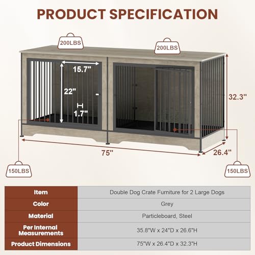 86 Inch Double Dog Crate Furniture with Divider, 4 Combination Forms Large Dog Kennel Furniture for 2 Dogs, Rustic Brown Corner Dog Kennel for Small Medium Large Dogs