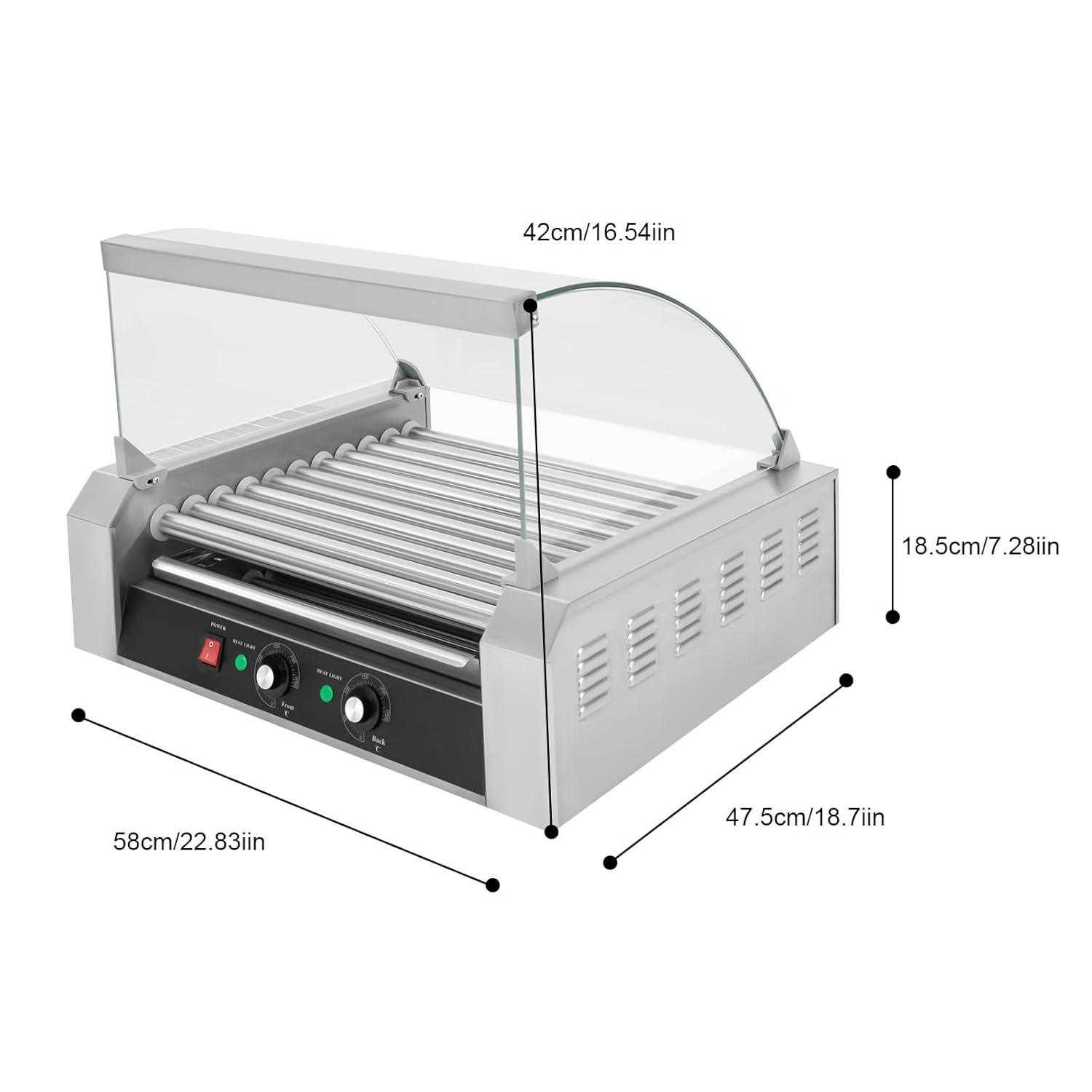 Electric Grill Cooker Machine, 30 Hot Dog 11 Roller with Cover, Commercial Grade, Hot Dog Roller, 1400W Stainless Steel Cook Warmer Machine with Cover & Dual Temp Control, Hot Dog Roller Machine