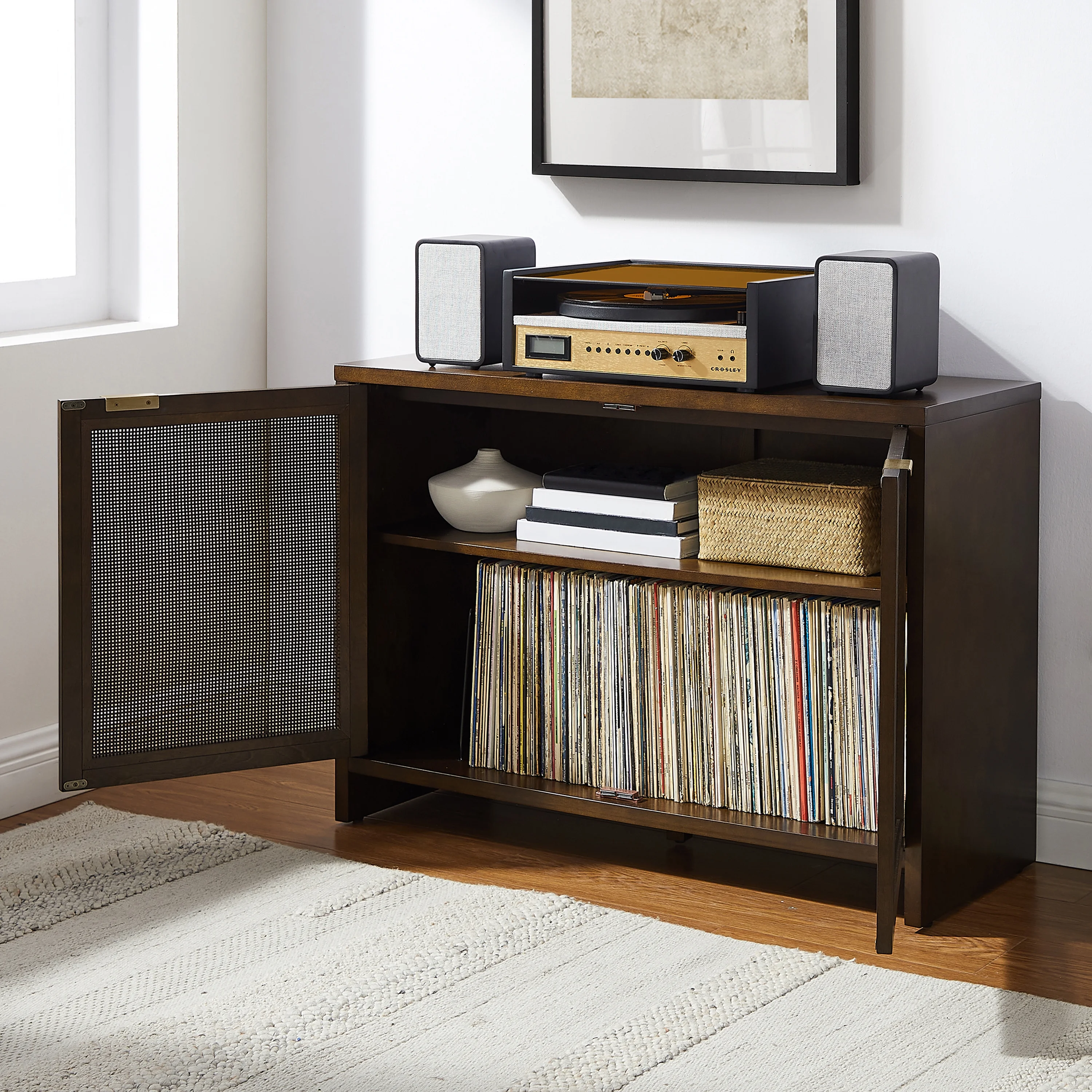Crosley Furniture Kenji Media Console, Record Player Stand with Vinyl Storage, Modern Home Organizer