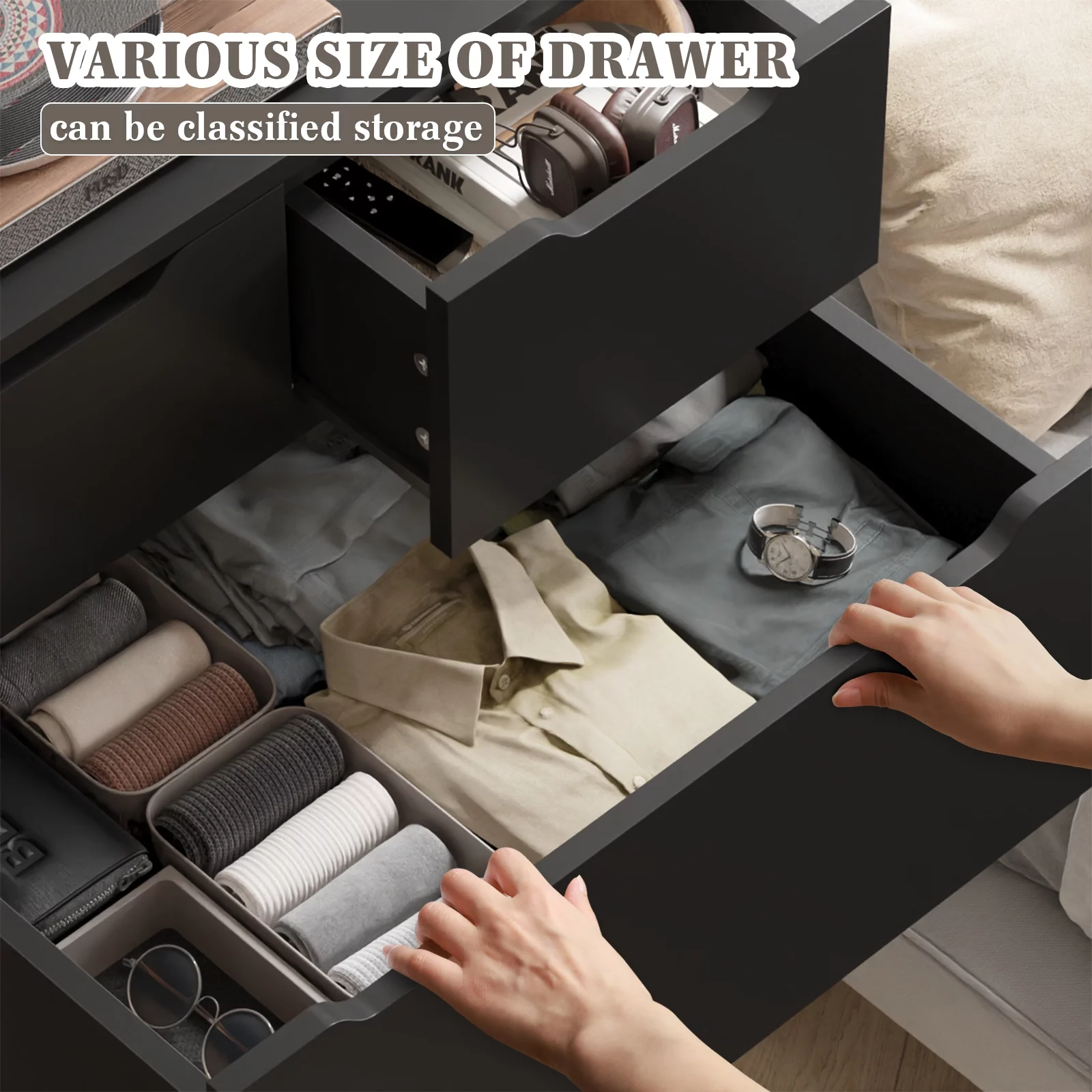 EnHomee Black Tall Dresser Wood 6 Drawer Dressers for Bedroom Wood Chest of Drawers with Smooth Metal Rail Large Dresser Modern Storage Cabinet for Home Office Living Room, 43.3"H x 27.5"L x 15.7"D