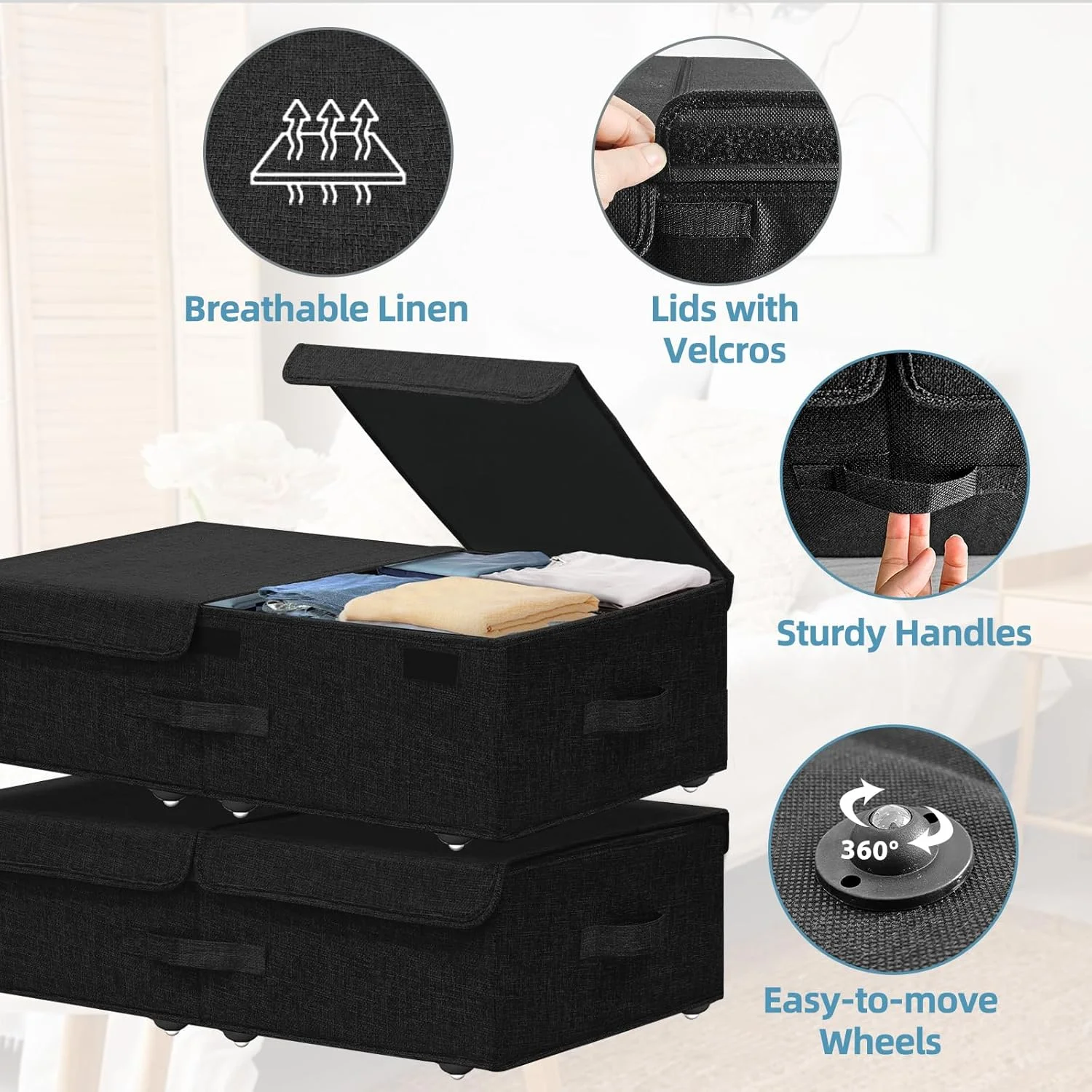 Under Bed Storage Container with Wheels, 2 Pack 5.5 High Deep Underbed Rolling Box Storage Bins Drawers with Lids for Bedroom, Dorms, Clothes, Shoes, Blankets, No Assemble Required, Black